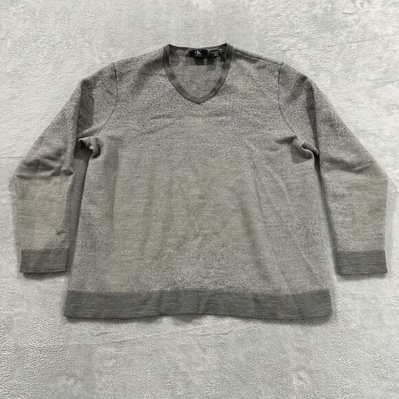 Calvin Klein CK‎ Sweater Men 2XL Grey Italian Hilo Yarn V-Neck Merino Wool READ - Picture 1 of 11